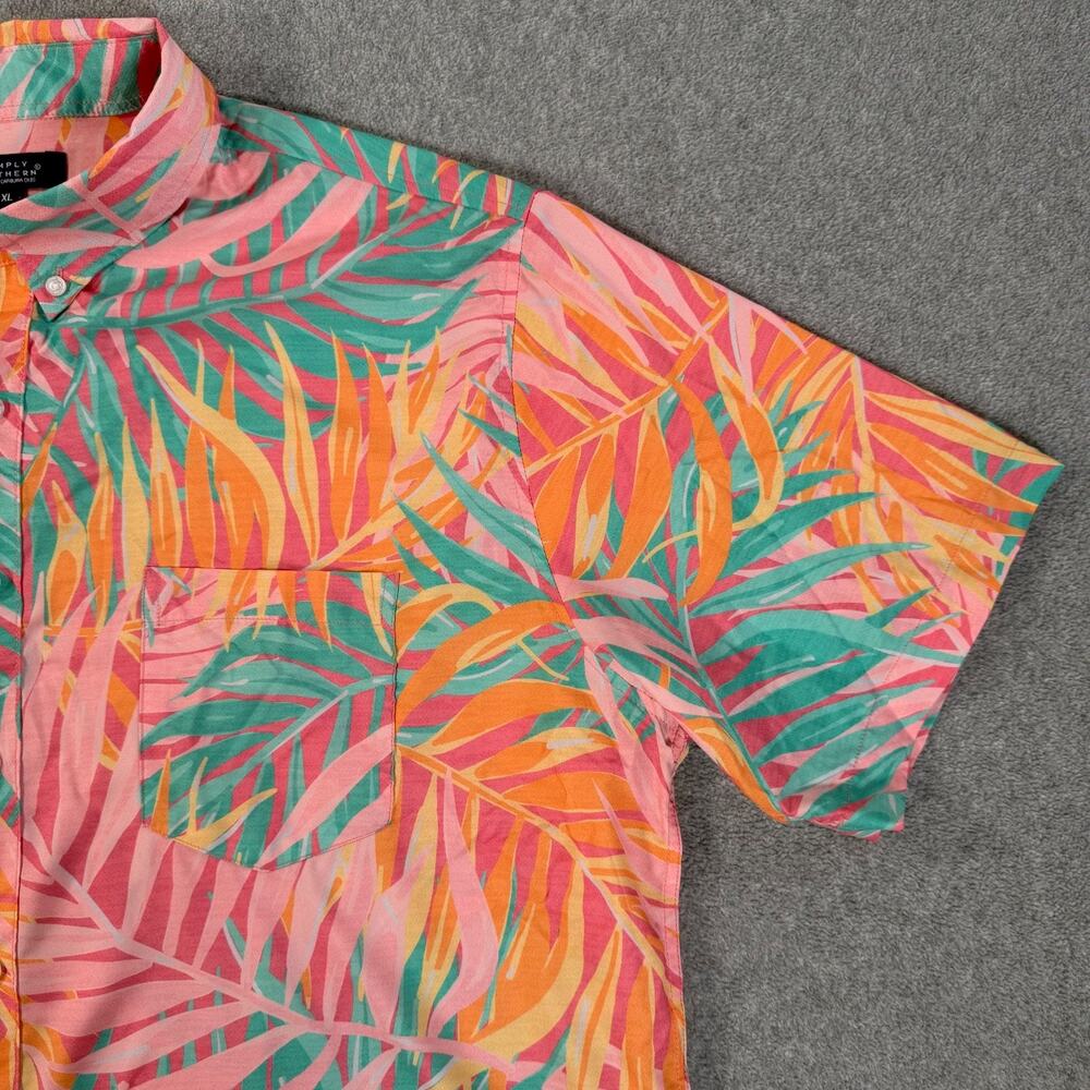 Simply Southern Tropical Button Down Shirt men's XL Short Sleeve Pink Green Palm - Picture 2 of 9